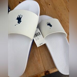 New Ralph Lauren White Slide Sandals with Navy Polo Logo